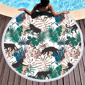 Round thick beach towel with tropical green leaves and black panther print with tassels