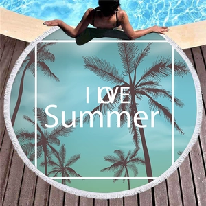 Dickes rundes Strandtuch mit Palmenmuster, Fransenquasten und Summer-Slogan