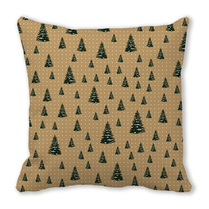 Square Christmas pillow case with dark green tree patterns on light brown peach skin fabric