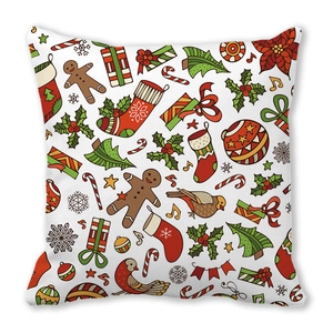 Close-up of festive Christmas pillowcase with gingerbread and snowflake patterns