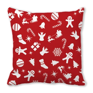 Nahaufnahme des roten Weihnachtskissenbezugs mit weißen Motiven auf dichtem Gewebe