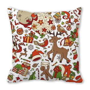 Detailed pattern of Christmas peach skin cushion cover with reindeer and festive icons