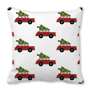 Detail of red vintage car with Christmas tree pattern on white peach skin pillowcase
