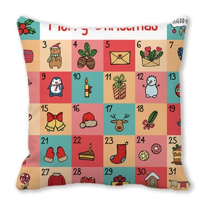 Details des Adventskalender Weihnachtskissenbezugs mit Cartoons und Datumszahlen