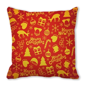 Close-up of red Christmas pillowcase featuring reindeer, snowflake, and festive patterns