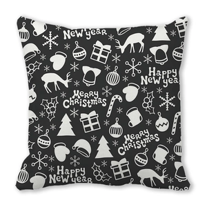 Detail of Christmas pillowcase with reindeer and snowflake doodles on black peach skin fabric