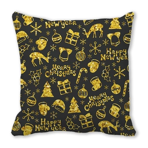 Close-up of black and gold Merry Christmas pillow case with reindeer and snowflake motifs