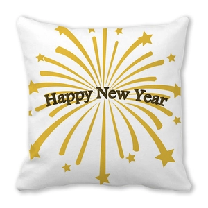 Close-up of Happy New Year gold firework print on white peach skin pillowcase