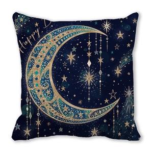 Star and moon Christmas cushion cover in navy peach skin with golden Happy print