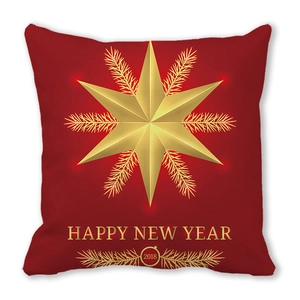 Detail of red square pillow case with golden star and Happy New Year 2018 print