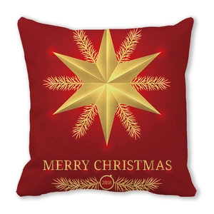 Close-up of red Christmas pillowcase featuring golden star print and Merry Christmas text