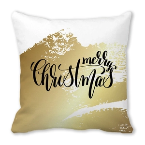 Detail of white Christmas pillowcase with gold brush textures and merry Christmas text
