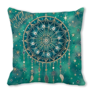 Detailed view of dark teal cushion cover with gold mandala dreamcatcher and Happy Birthday print