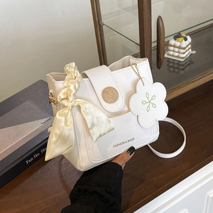 White PU leather bucket bag with wood buckle and silk scarf handle decor
