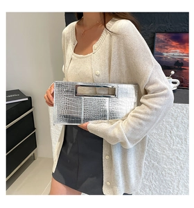Detail of silver crocodile-pattern clutch with elegant rectangular metal hollow handle