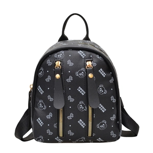 Cute black PU leather backpack with bear prints and golden zipper details for daily use