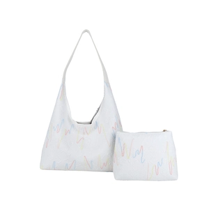 White hobo shoulder bag set with embossed logo pattern and wavy embroidery accents