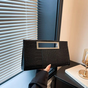Elegant black crocodile texture envelope clutch bag with rectangular metal cutout handle