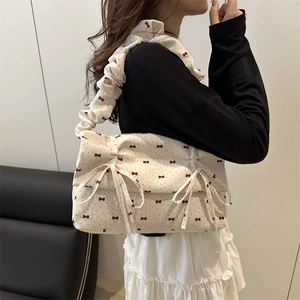 Women Underarm Bag Nylon Fabric Bowtie Print Ruched Handle Sweet Japanese Style Shoulder Handbag Summer Casual