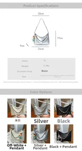 Size chart showing dimensions for a stylish PU leather tote bag with metal chain