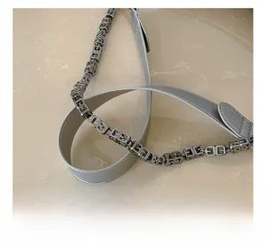 Detail of grey leather strap with silver G-shaped hollow metal chain link hardware