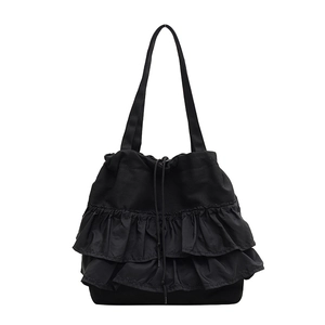 Large capacity black ruffle canvas tote bag with drawstring for women casual style