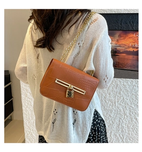 Close-up of brown crocodile texture pattern and golden metal buckle on crossbody bag