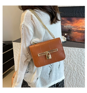Detailed macro of brown crocodile texture shoulder bag with gold chain strap and lock