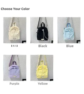 Detailed grid view of mini drawstring crossbody bags in five vibrant nylon colors
