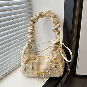Borsa A Spalla A Quadretti Gingham Con Tracolla Arricciata E Fiocchi Perline Metalliche Borsa Da Ascella Per Donna