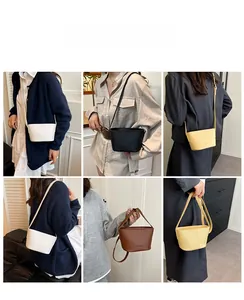 Detail shots of the stylish litchi grain bucket bag in white, black, yellow, and brown