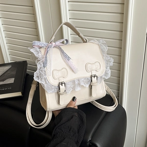 Elegant off-white PU leather backpack with lace trim and bow details in a high-quality finish