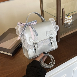 Silver PU leather sweet style backpack with lace trim and bow accent for women