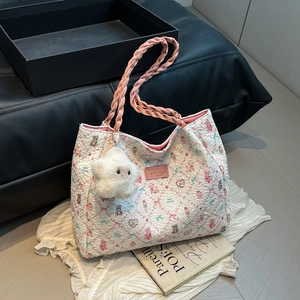 Sac Cabas pour Femme en Tissu Oxford Imprimé Ours et Fleurs Grande Capacité Sac à Épaule avec Poignée Tressée Style Doux