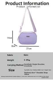 Size chart showing 21x14x8cm dimensions for the purple nylon shell crossbody bag