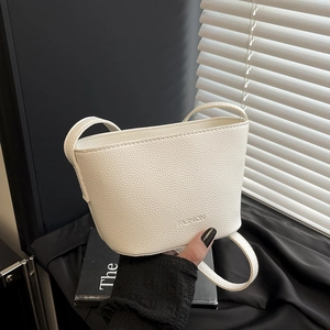 Mini white bucket bag in pebbled leather with Fashion lettering for modern women