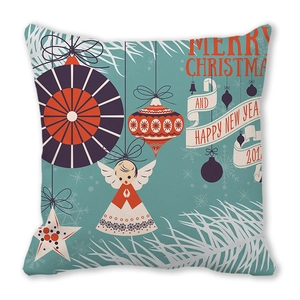 Weihnachtskissenbezug in Petrol mit Retro-Motiven und Engel-Druck aus Pfirsichhaut