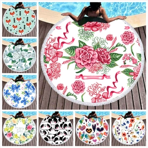 Round Microfiber Beach Towel With Tassel Fringe Bohemian Animal Floral Printed Quick Dry Bath Towel Yoga Mat Picnic Blanket For Vacation Outdoor