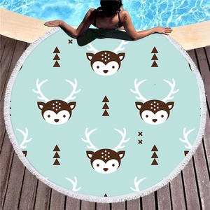 Round blue microfiber beach towel with cartoon deer prints and white fringe tassels