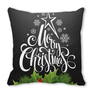 Détail de la housse de coussin de Noël avec texte Merry Christmas sur tissu noir