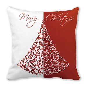 Détail de la housse de coussin de Noël rouge et blanche avec sapin et texte Merry Christmas