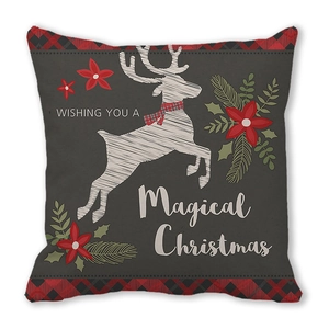 Détail de la housse de coussin de Noël avec cerf, bordures écossaises et texte festif