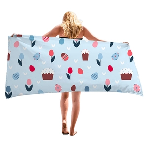 Microfiber beach towel with cartoon Easter eggs and tulips patterns in light blue