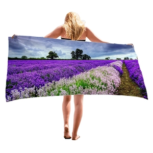 Thick microfiber beach towel featuring a realistic purple lavender field landscape print