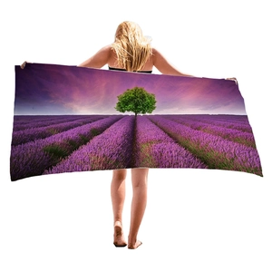 Thick microfiber beach towel with lavender field print and sunset landscape design