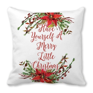 Detail of Merry Little Christmas text and festive poinsettia floral on peach skin pillowcase