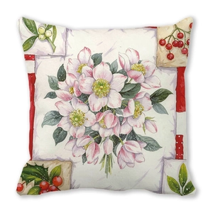 Detail of floral peach skin cushion cover with watercolor flower and berry prints