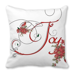 Detail of Christmas peach skin pillowcase with Joy text, red bird and poinsettia