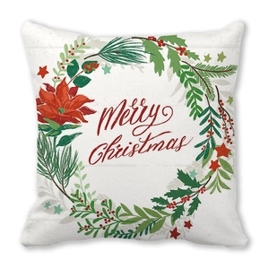Detail of Christmas poinsettia wreath and Merry Christmas script on peach skin pillowcase