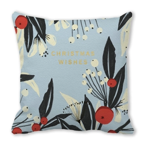 Macro view of Christmas Wishes pillowcase featuring botanical prints on peach skin fabric